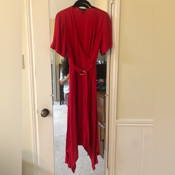 Banana Republic Women Sz 0 Red Belted Handkerchief Hem Wrap Maxi Dress - Picture 2 of 5